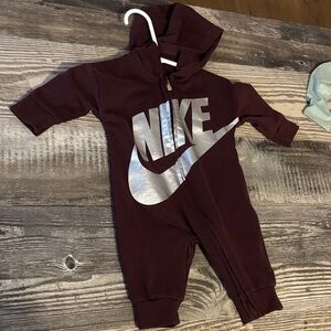 Like New Nike Kids Maroon hooded romper with Metallic Logo